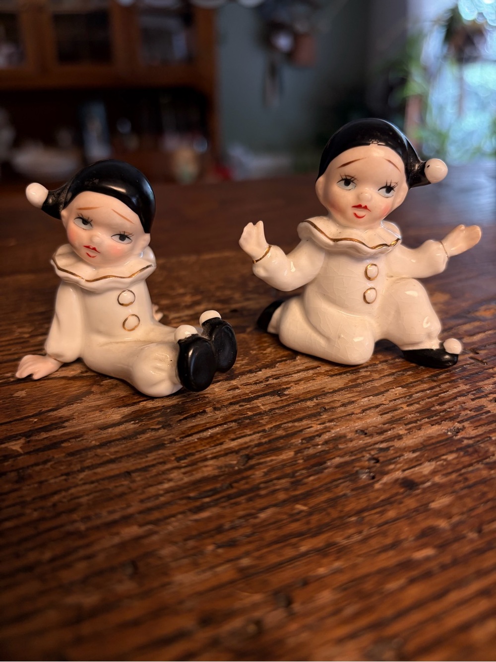 Bone China Japan Clown Figurines in Cream and Black - Pair